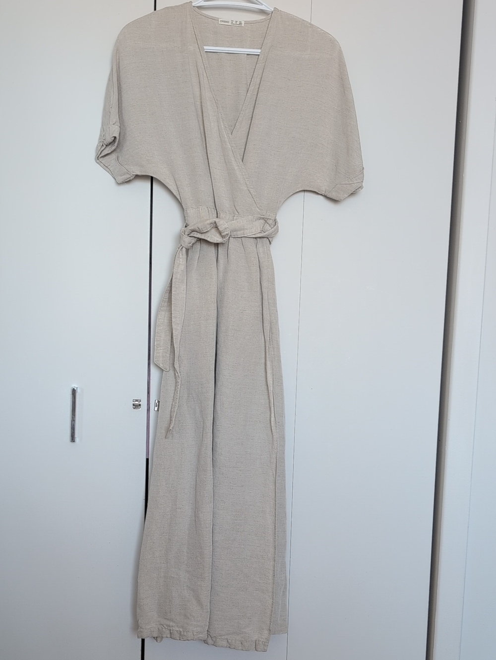 Women’s Maxi Wrap Dress in Light Beige - Elegant V-Neck with Waist Tie